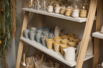 Elegant display of ceramic cups and kitchenware in soft colors, showcasing blend of modern design and natural elements, perfect for organic garden theme