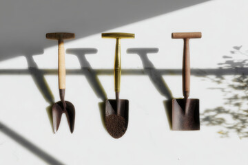 Gardening tools arranged in minimalist style, showcasing variety of materials and designs. image captures essence of eco friendly gardening with modern aesthetic
