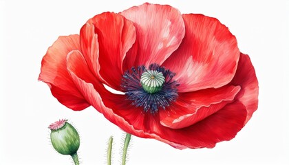 hand drawn watercolor red poppy flower isolated on white background
