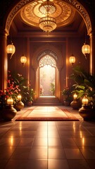 Elegant architectural entrance with lanterns exotic garden interior soft lighting serene atmosphere