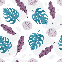 Seamless pattern with tropical leaves and sea shells on white background. Exotic vector design with monstera leaves for textile, wallpaper, or wrapping. Tropical leaves in flat modern style.