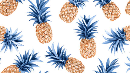 Pattern of hand-drawn pineapples with blue leaves on a white background, creating a tropical and artistic design.