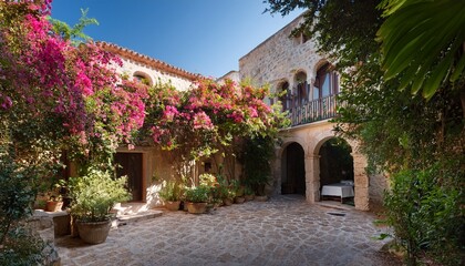 beautiful courtyard with vibrant bougainvillea and lush greenery in a sunny location