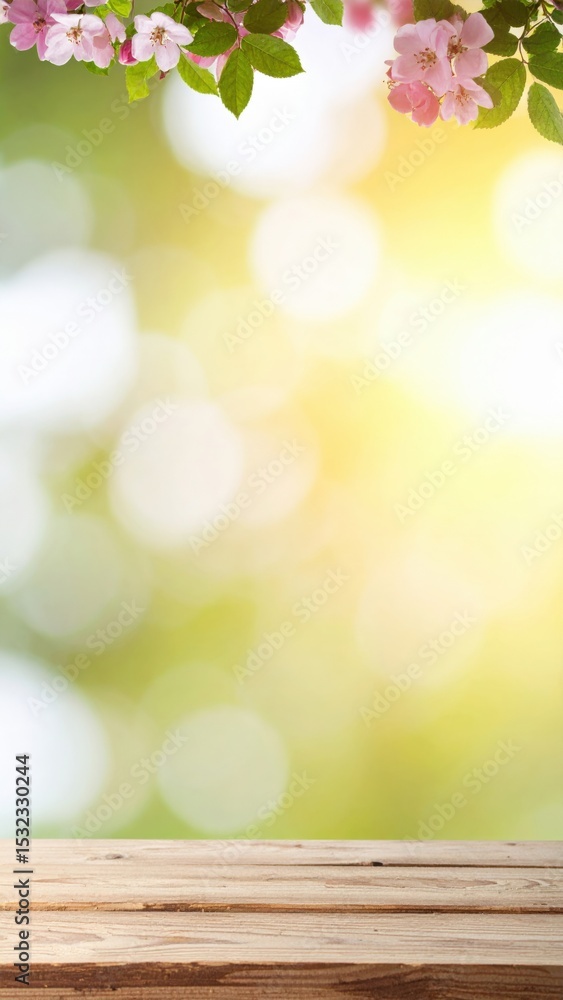 Poster spring floral background with wooden table nature image display bright environment close-up serene v