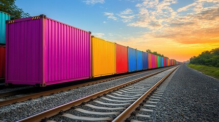 Fototapeta premium Colorful Cargo Train at Sunset, Rail Transport