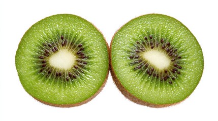Fototapeta premium Two halves of freshly sliced kiwi fruit reveal bright green flesh dotted with small black seeds. The brown skin adds a contrasting texture, emphasizing the fruit's freshness