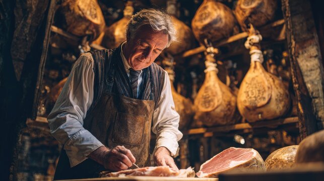 A skilled charcutier is carefully slicing cured ham in an old-world cellar filled with hanging hams. The atmosphere reflects craftsmanship and dedication to the culinary art