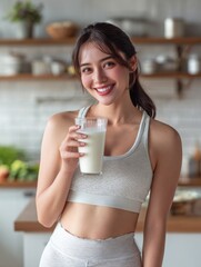A woman dressed in athletic wear smiles happily while holding a glass of milk in a well-lit kitchen. Fresh ingredients and kitchenware are visible in the background, enhancing the healthy vibe