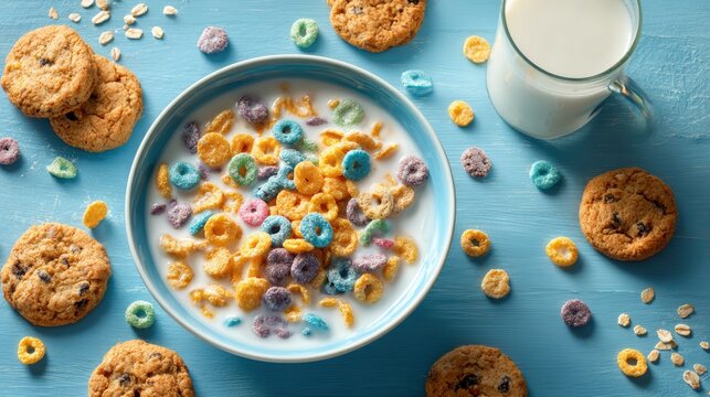 A vibrant breakfast setup featuring a bowl filled with colorful cereal floating in milk, surrounded by various chocolate chip cookies and a glass of milk on a blue wooden table