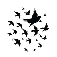 Dynamic Flock of Black Bird Silhouettes Flying in Abstract Swirl - Freedom, Nature, and Movement Concept Vector