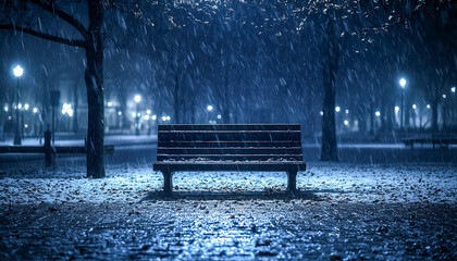 Empty park bench in the rain during nighttime with city lights in the background