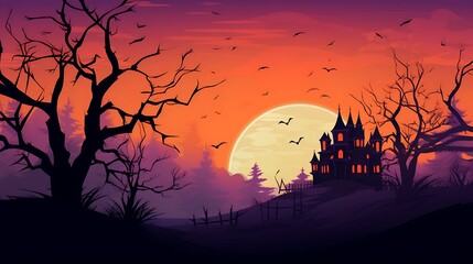Halloween haunted house background spooky scene with bats and moon vector illustration design art 1031