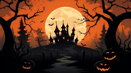 Halloween haunted house background spooky night with pumpkins and bats full moon halloween illustration