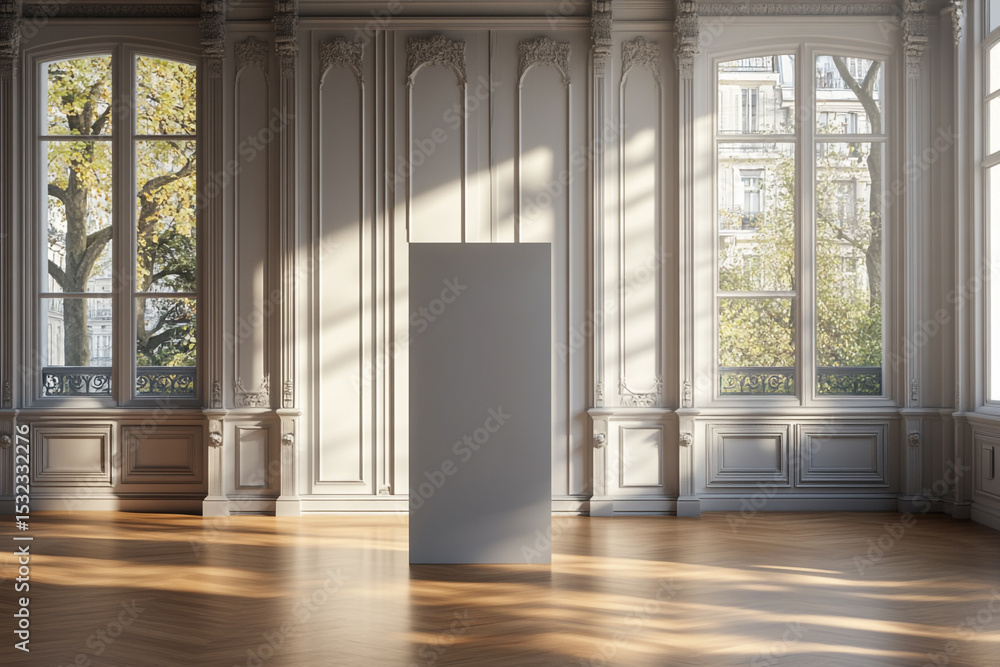Poster sunlit elegant room with large windows and a blank vertical display