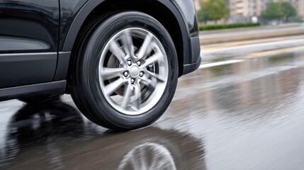 Close-up of a spinning car wheel on a wet road, the car is moving fast on a rainy day, creating motion blur.