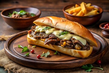 juicy cheesesteak sandwich with sides on brown plate, dark moody food photography

