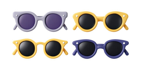 Iconos 3d de Gafas de sol  de juguete redondas retro de colores con diseños en amarillo, morado gris y azul, aisladas sobre fondo transparente. Concepto cuidado de la salud visual infantil