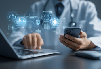 Un médico profesional interactúa con tecnología moderna, utilizando un teléfono inteligente y una computadora portátil con íconos holograficos médicos. concepto gestión avanzada de la atención médica