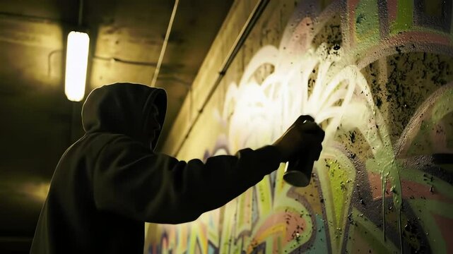 Hooded graffiti artist spray painting vibrant colorful mural on urban concrete wall in dark underpass