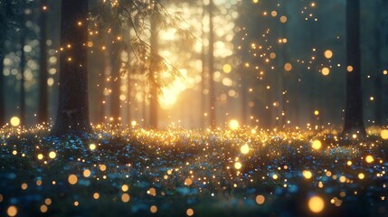 Magical dawn light show enchanted forest digital art serene environment bird's eye view nature's beauty