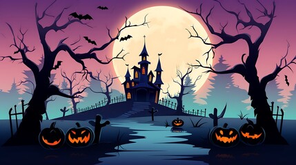 Halloween background haunted house spooky night full moon pumpkins bats vector illustration design art