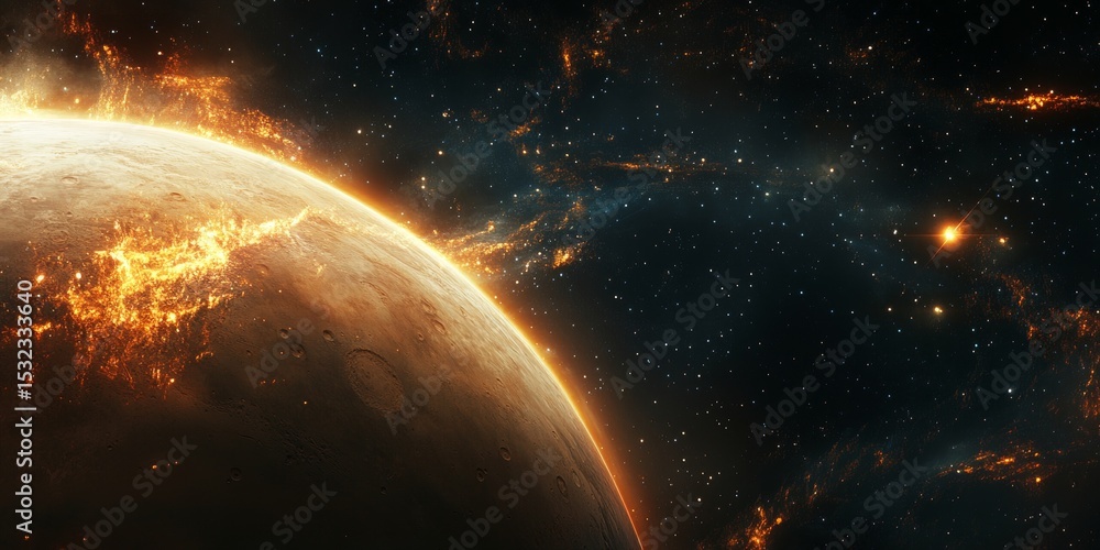 Canvas Prints dramatic outer space planetscape featuring a distant world with intense surface combustion effects