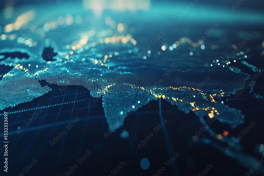 Poster global network digital world map glowing cities data visualization