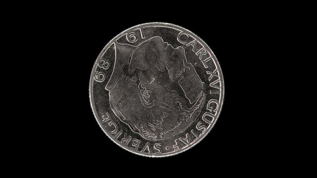 Sweden 1989 1 krona coin obverse with stylized profile portrait of King Carl XVI Gustaf rotating on black background