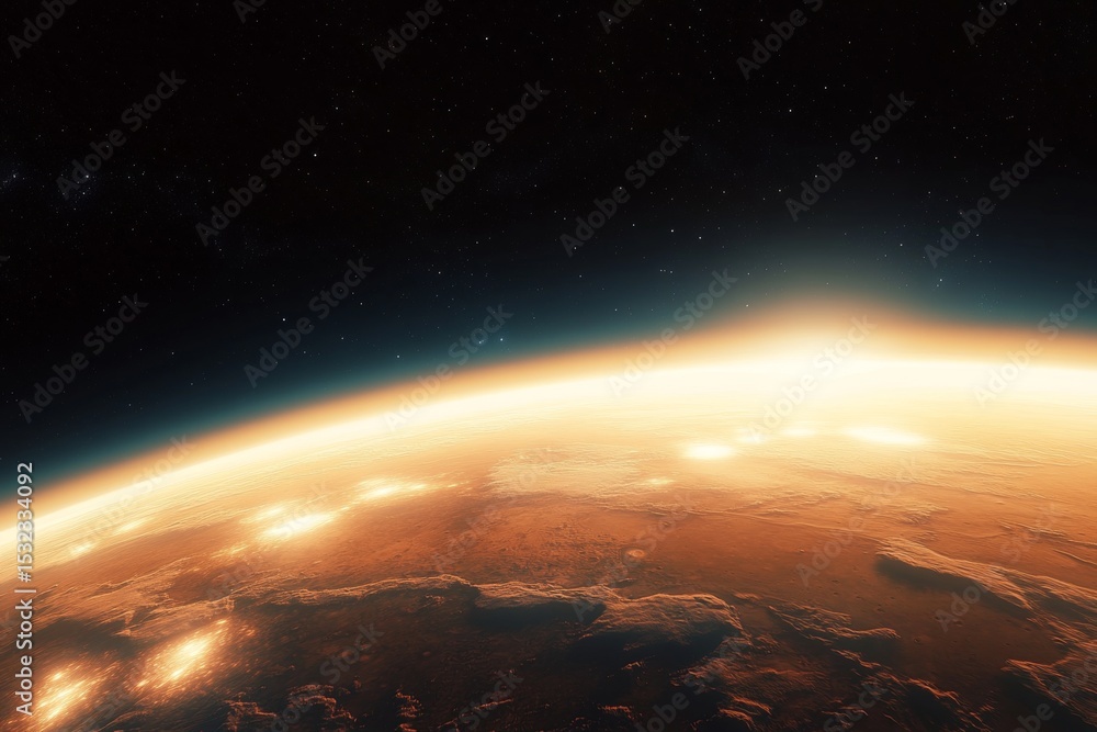 Poster a beautiful view of a distant planet with vibrant atmosphere and unique surface features in space