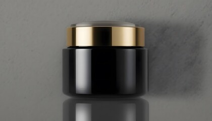 Elegant black matte cosmetic jar with golden cap, top-down view, clean background