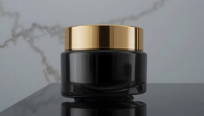 Elegant black matte cosmetic jar with golden cap, top-down view, clean background