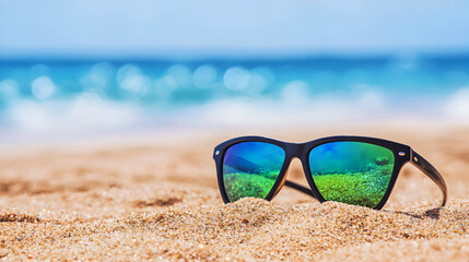 Sunglasses resting on sandy beach with ocean waves and blue sky in the background, reflecting a sunny, relaxing summer vibe.