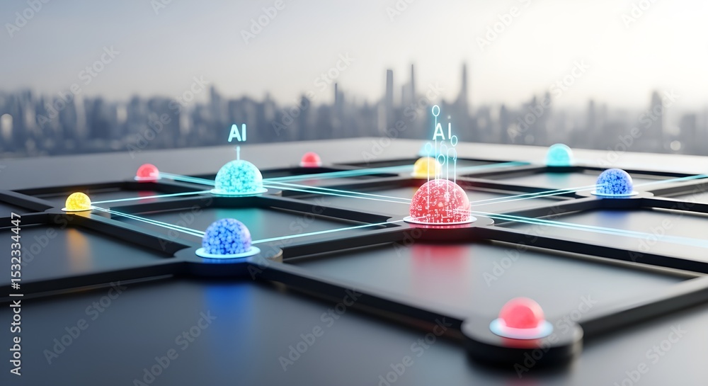 Aufkleber ai node network with glowing brains and cityscape | conceptual artificial intelligence system for da
