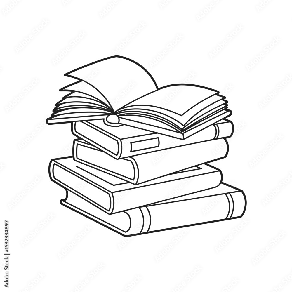Poster stack of books with open book on top line art