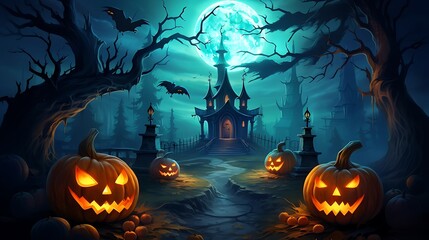 Halloween night scene with haunted house pumpkins bats and full moon spooky halloween background vector 10k