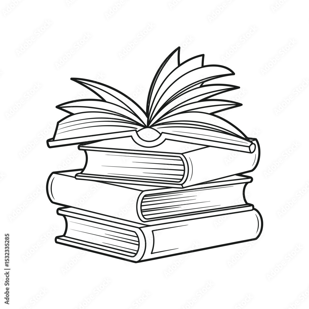 Poster stack of books with open book on top line art