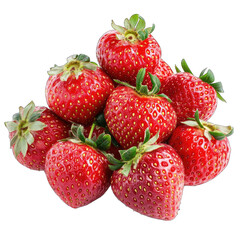 A pile of ten ripe, red strawberries with green caps, arranged artfully against a black background