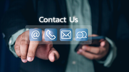 touching on virtual screen contact icons (email, address, live chat, telephone).