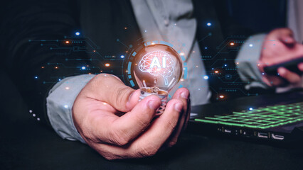 Machine learning on big data network, AI technology, creative brain data from light bulb to technology,
