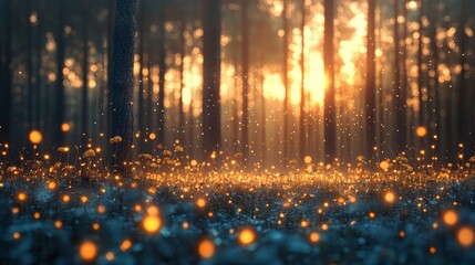 Fototapeta premium Enchanting fireflies illuminate a serene forest at dusk nature photography tranquil atmosphere mystical scene