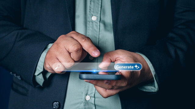 Businessman using smartphone with AI search engine bar for data search optimization by artificial intelligence technology.