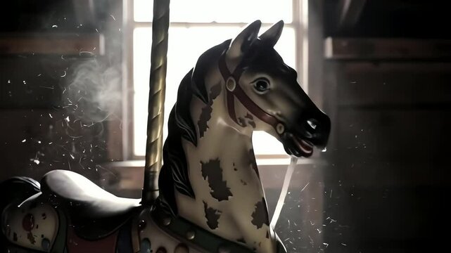 Nostalgic vintage carousel horse in a dusty abandoned room with dramatic window light and floating particles