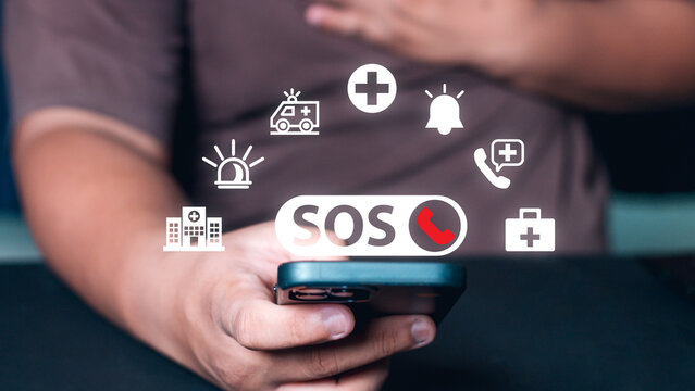 Man usMan using Smart Phone with Emergency app, Hand touch mobile phone and call for help,