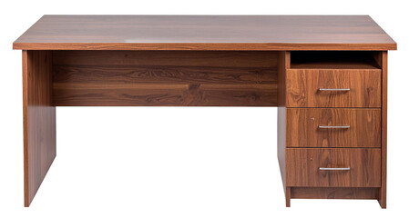 front view of wooden work table with drawers on bottom side isolated on white