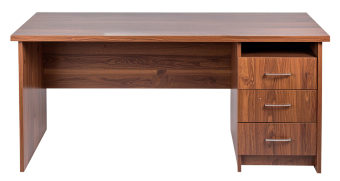 front view of wooden work table with drawers on bottom side isolated on white