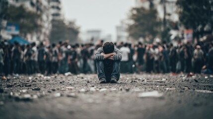 Alone Person Sitting in Crowded Urban Street Symbolizing Isolation and Struggle