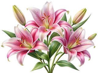 Fototapeta premium Elegant bouquet of pink stargazer lilies with green leaves and buds illustration