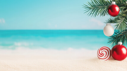 Christmas decoration on tropical beach with red and white baubles and candy cane swirl on sand
