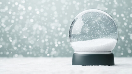 Snow globe with white snow inside on snowy surface with blurred winter background creating festive mood