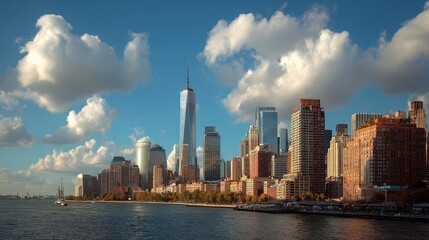 reflections on the River New York city skyline with clouds colorful sky in the background